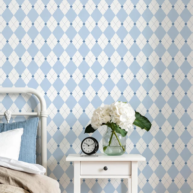 Alt view image 5 of 7 - Retro Checkered Peel and Stick Wallpaper Light Blue and White Wallpaper 17.3"x480" Vintage Plaid British Geometric Wall Paper for Bathroom Kitchen Cabinet Contact Paper