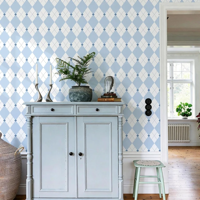 Alt view image 3 of 7 - Retro Checkered Peel and Stick Wallpaper Light Blue and White Wallpaper 17.3"x480" Vintage Plaid British Geometric Wall Paper for Bathroom Kitchen Cabinet Contact Paper