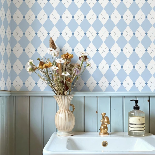 Alt view image 2 of 7 - Retro Checkered Peel and Stick Wallpaper Light Blue and White Wallpaper 17.3"x480" Vintage Plaid British Geometric Wall Paper for Bathroom Kitchen Cabinet Contact Paper