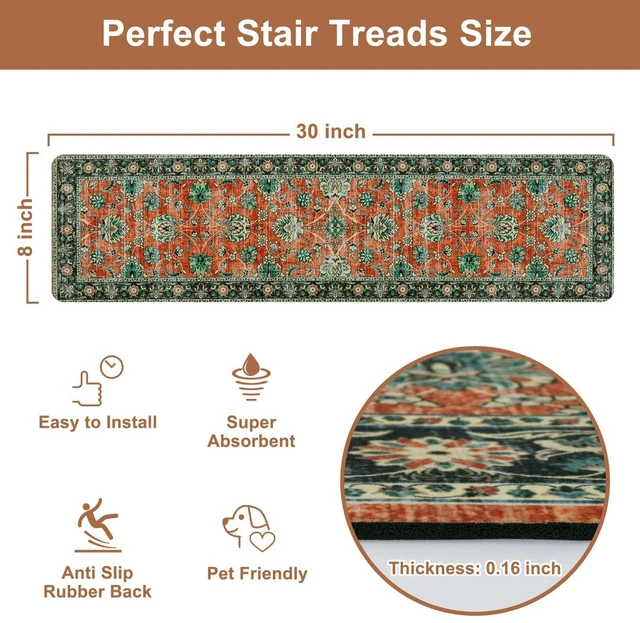 Alt view image 2 of 7 - Vintage Stair Treads Non-Slip Stair Runners for Wooden Steps Indoor 15PCS 30"x8" Carpet Stair Treads Stair Mats Staircase Step Treads for Kids, Elders and Dogs, Stair Covers, Red