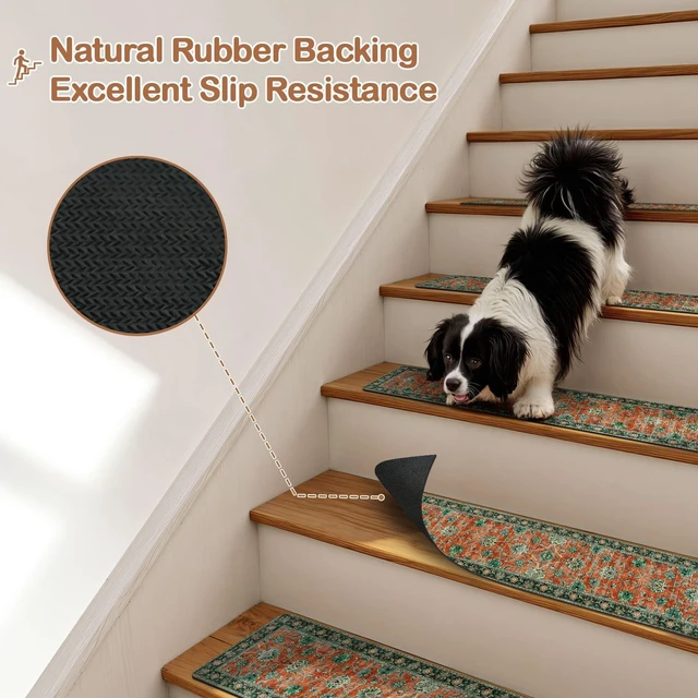Alt view image 3 of 7 - Vintage Stair Treads Non-Slip Stair Runners for Wooden Steps Indoor 15PCS 30"x8" Carpet Stair Treads Stair Mats Staircase Step Treads for Kids, Elders and Dogs, Stair Covers, Red
