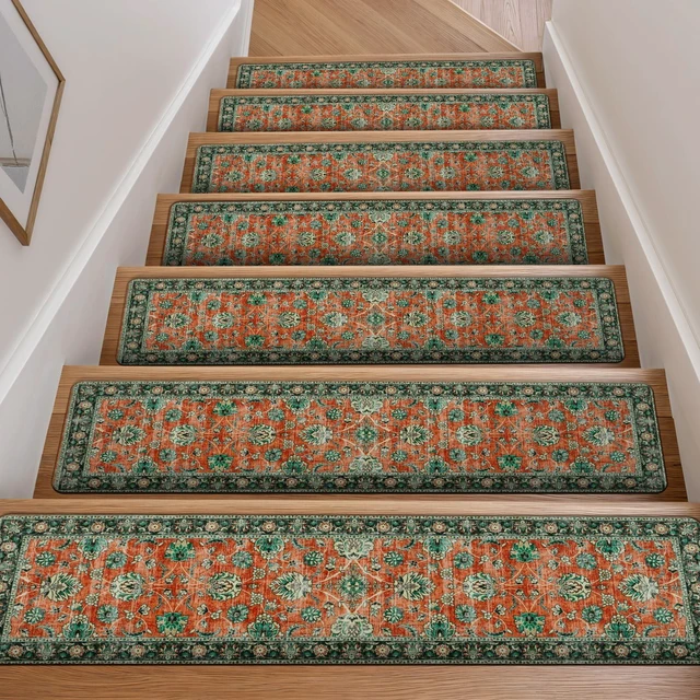Main image of Vintage Stair Treads Non-Slip Stair Runners for Wooden Steps Indoor 15PCS 30"x8" Carpet Stair Treads Stair Mats Staircase Step Treads for Kids, Elders and Dogs, Stair Covers, Red