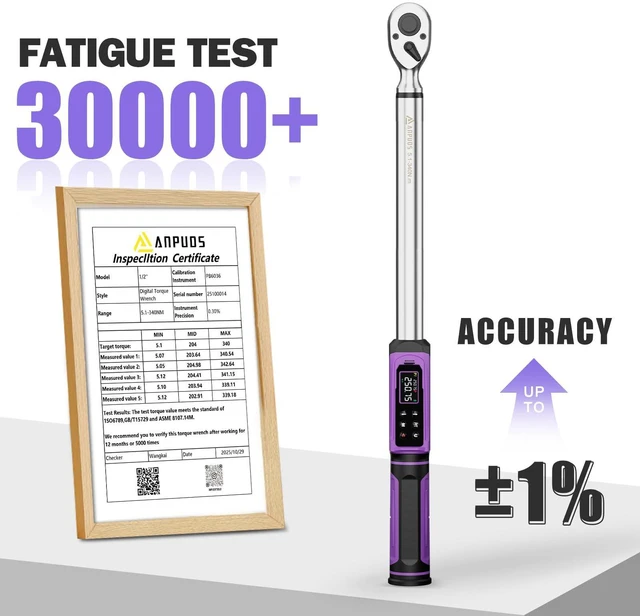 Alt view image 2 of 7 - 1/2" Digital Torque Wrench, ±1% Accuracy, 3.76-250.75 Ft-lb 9 Presets, 500 Data Storage, LED/Buzzer/Vibration Alerts, 5 Units, Color Display, Adapter & Extension for Auto Repair