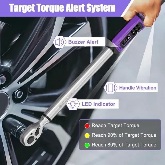 Alt view image 3 of 7 - 1/2" Digital Torque Wrench, ±1% Accuracy, 3.76-250.75 Ft-lb 9 Presets, 500 Data Storage, LED/Buzzer/Vibration Alerts, 5 Units, Color Display, Adapter & Extension for Auto Repair
