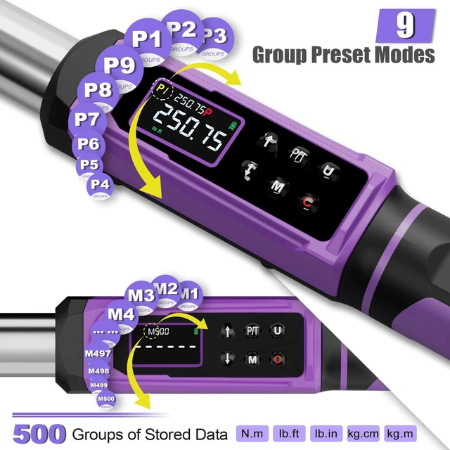 Alt view image 4 of 7 - 1/2" Digital Torque Wrench, ±1% Accuracy, 3.76-250.75 Ft-lb 9 Presets, 500 Data Storage, LED/Buzzer/Vibration Alerts, 5 Units, Color Display, Adapter & Extension for Auto Repair