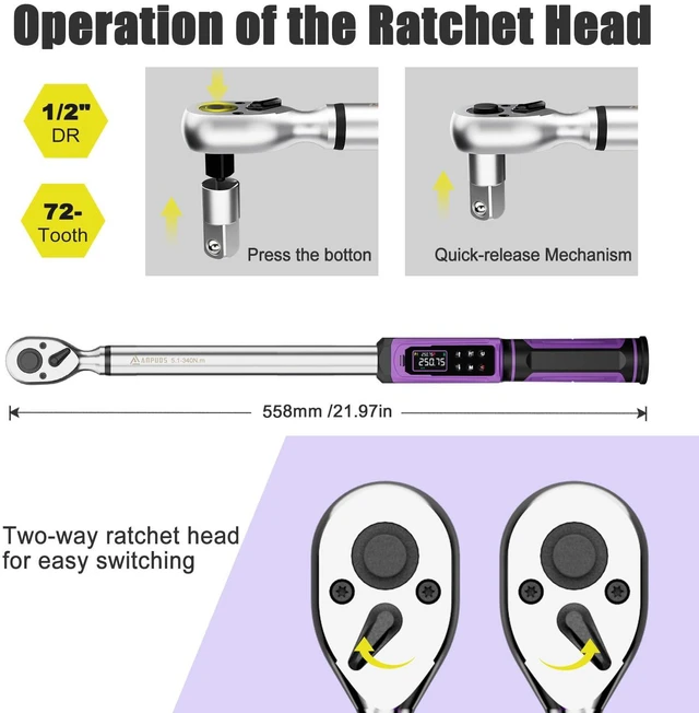 Alt view image 6 of 7 - 1/2" Digital Torque Wrench, ±1% Accuracy, 3.76-250.75 Ft-lb 9 Presets, 500 Data Storage, LED/Buzzer/Vibration Alerts, 5 Units, Color Display, Adapter & Extension for Auto Repair