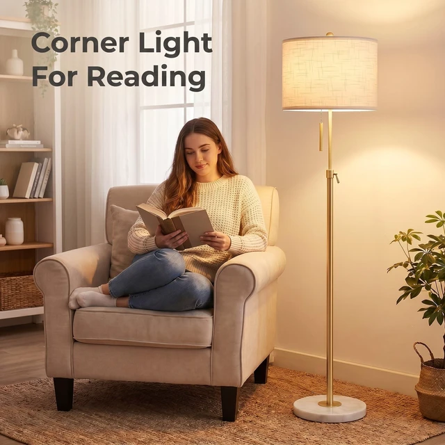 Alt view image 7 of 7 - Gold Floor Lamps for Living Room, 55"-67" Height Adjustable Modern Tall Lamp, 3-Way Dimmable Standing Lamp for Bedroom Office Reading Corner Home Decor, New House Warming Gifts