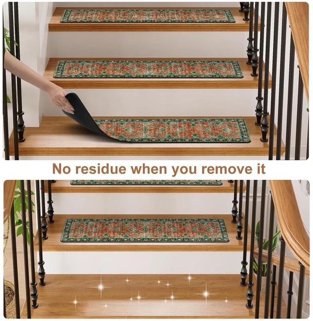 Alt view image 4 of 7 - Vintage Stair Treads Non-Slip Stair Runners for Wooden Steps Indoor 15PCS 30"x8" Carpet Stair Treads Stair Mats Staircase Step Treads for Kids, Elders and Dogs, Stair Covers, Red