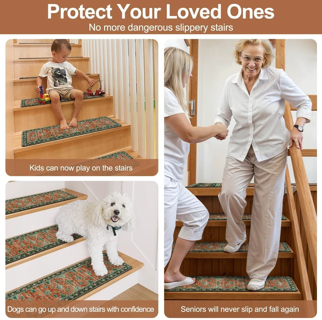 Alt view image 5 of 7 - Vintage Stair Treads Non-Slip Stair Runners for Wooden Steps Indoor 15PCS 30"x8" Carpet Stair Treads Stair Mats Staircase Step Treads for Kids, Elders and Dogs, Stair Covers, Red