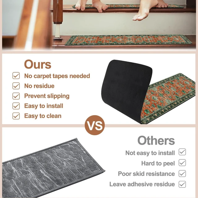 Alt view image 7 of 7 - Vintage Stair Treads Non-Slip Stair Runners for Wooden Steps Indoor 15PCS 30"x8" Carpet Stair Treads Stair Mats Staircase Step Treads for Kids, Elders and Dogs, Stair Covers, Red