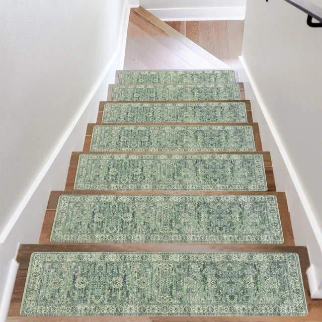 Main image of Non-Slip Stair Treads for Wooden Steps 30"X8" Indoor Stair Runners Slip Resistant Stair Rugs Safety Mats for Dogs, Kids & Elders, Rubber Backed Stair Treads Stair Covers, 15PC, Green