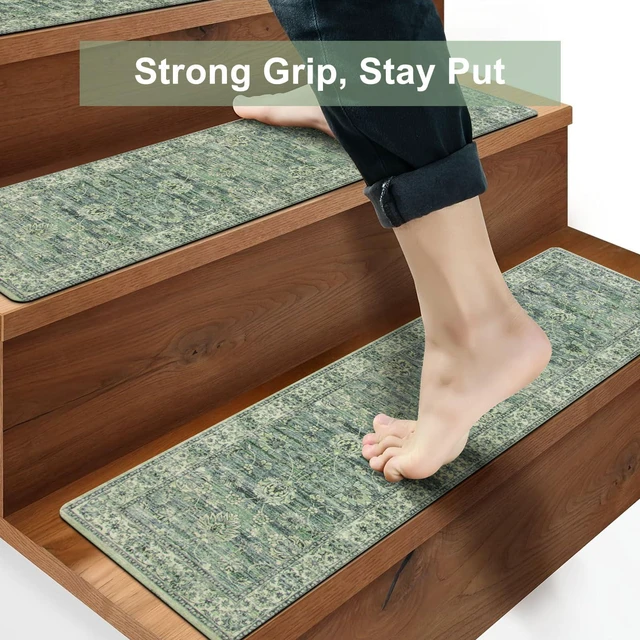 Alt view image 3 of 7 - Non-Slip Stair Treads for Wooden Steps 30"X8" Indoor Stair Runners Slip Resistant Stair Rugs Safety Mats for Dogs, Kids & Elders, Rubber Backed Stair Treads Stair Covers, 15PC, Green