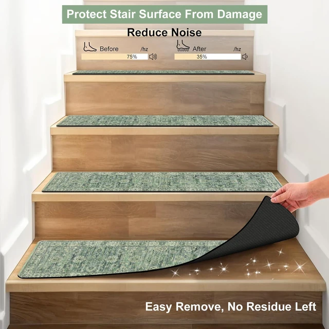 Alt view image 4 of 7 - Non-Slip Stair Treads for Wooden Steps 30"X8" Indoor Stair Runners Slip Resistant Stair Rugs Safety Mats for Dogs, Kids & Elders, Rubber Backed Stair Treads Stair Covers, 15PC, Green