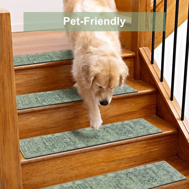 Alt view image 5 of 7 - Non-Slip Stair Treads for Wooden Steps 30"X8" Indoor Stair Runners Slip Resistant Stair Rugs Safety Mats for Dogs, Kids & Elders, Rubber Backed Stair Treads Stair Covers, 15PC, Green