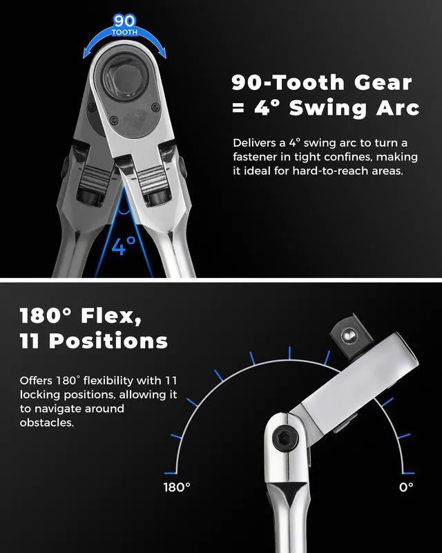 Alt view image 4 of 7 - 4Pcs Flex Head Ratchet Set, 1/4&3/8"&1/2" Drive Gear Wrench Compact Head Ratchet Wrenches, 90-Tooth Gear, 180° Flex, 11 Positions, Longer Handle, 1.5X ASME Durability