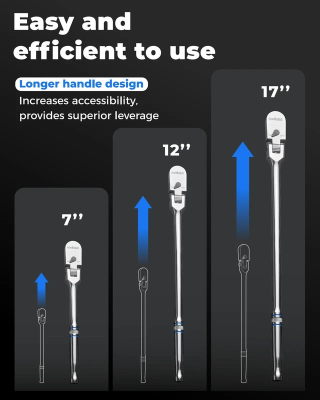 Alt view image 6 of 7 - 4Pcs Flex Head Ratchet Set, 1/4&3/8"&1/2" Drive Gear Wrench Compact Head Ratchet Wrenches, 90-Tooth Gear, 180° Flex, 11 Positions, Longer Handle, 1.5X ASME Durability