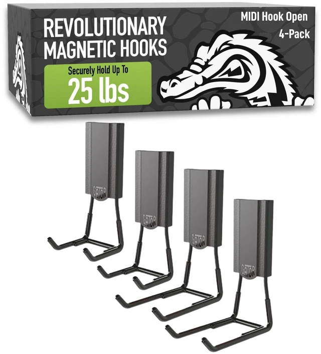 Main image of MIDI 2.5 & 4" Open Hooks, 25 lb Heavy Duty Magnetic Hooks for Steel Surfaces, Patented Easy-Release, Non-Slip Grip Storage & Organization, Garage, Shed, Home, Cleaning Tools -4 Pack