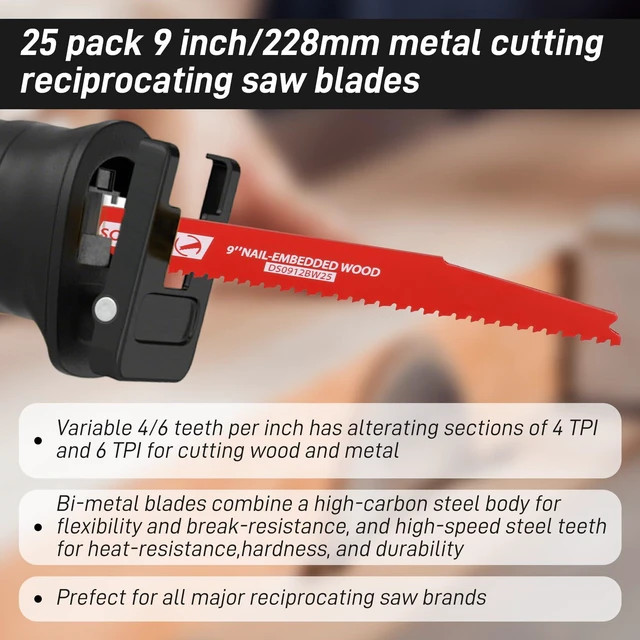 Alt view image 4 of 7 - 50 Pack 9 Inch 4/6 Tpi Reciprocating Saw Blades Bi-Metal with Coating Stud and Reciprocating Saw Blades for Cutting Embedded Wood Metals PVC Pallets etc