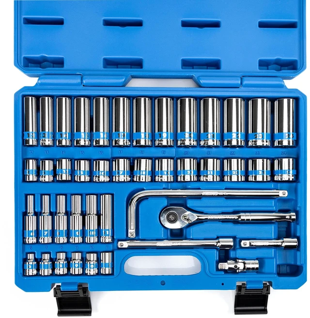 Main image of 02512A 3/8 Drive Socket Set with Quick Release Ratchet (90 Tooth), 43 Piece Standard and Deep Metric Sizes, 6mm to 24mm, 6 Point, Universal Joint, 3/8 Extension Bars, Made with CR-V Steel