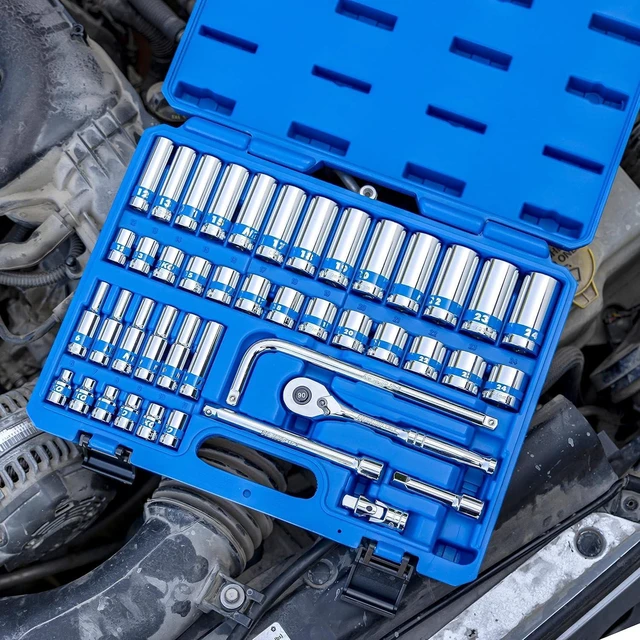Alt view image 4 of 7 - 02512A 3/8 Drive Socket Set with Quick Release Ratchet (90 Tooth), 43 Piece Standard and Deep Metric Sizes, 6mm to 24mm, 6 Point, Universal Joint, 3/8 Extension Bars, Made with CR-V Steel