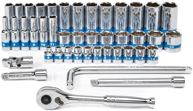 Alt view image 3 of 7 - 02512A 3/8 Drive Socket Set with Quick Release Ratchet (90 Tooth), 43 Piece Standard and Deep Metric Sizes, 6mm to 24mm, 6 Point, Universal Joint, 3/8 Extension Bars, Made with CR-V Steel