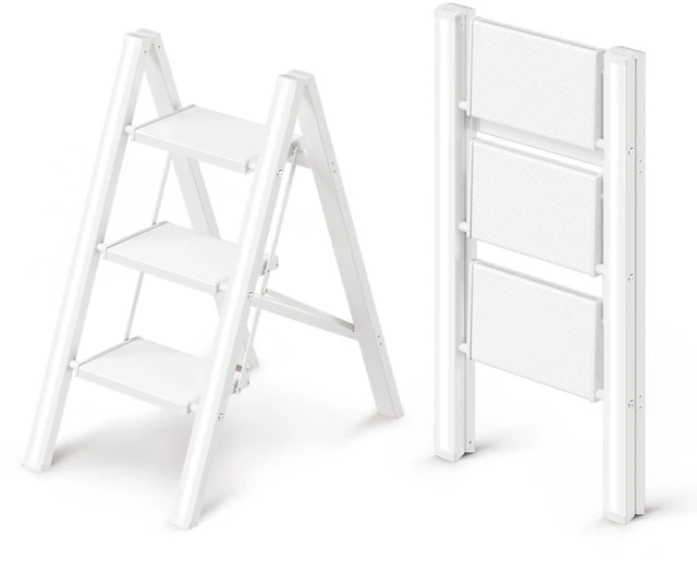 Main image of 3 Step Ladder, Foldable Aluminum Step Stool with Anti-Slip Pedal Lightweight yet Sturdy, Portable, Non Slip Feet, 300Lbs Capacity, Elegant Look, for Kitchen, Closet, Pantry, White
