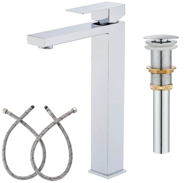 Main image of Chrome Vessel Sink Faucet, 1 Hole Single Handle Tall Faucets Vanity Modern Utility Rv Laundry Bath Restroom Mixer Tap with Metal Pop Up Drain and 2 Water Supply Lines