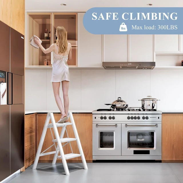 Alt view image 5 of 7 - 3 Step Ladder, Foldable Aluminum Step Stool with Anti-Slip Pedal Lightweight yet Sturdy, Portable, Non Slip Feet, 300Lbs Capacity, Elegant Look, for Kitchen, Closet, Pantry, White
