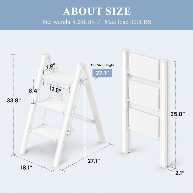 Alt view image 6 of 7 - 3 Step Ladder, Foldable Aluminum Step Stool with Anti-Slip Pedal Lightweight yet Sturdy, Portable, Non Slip Feet, 300Lbs Capacity, Elegant Look, for Kitchen, Closet, Pantry, White