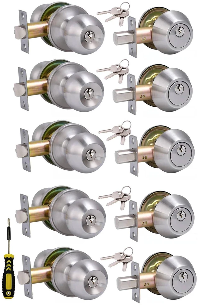 Main image of (5 Sets) All Keyed Same Entry Door Knob and Single Cylinder Deadbolt Combo Set, Satin Nickel Exterior Door Knobs with Lock and Keys for Entrance and Front Door