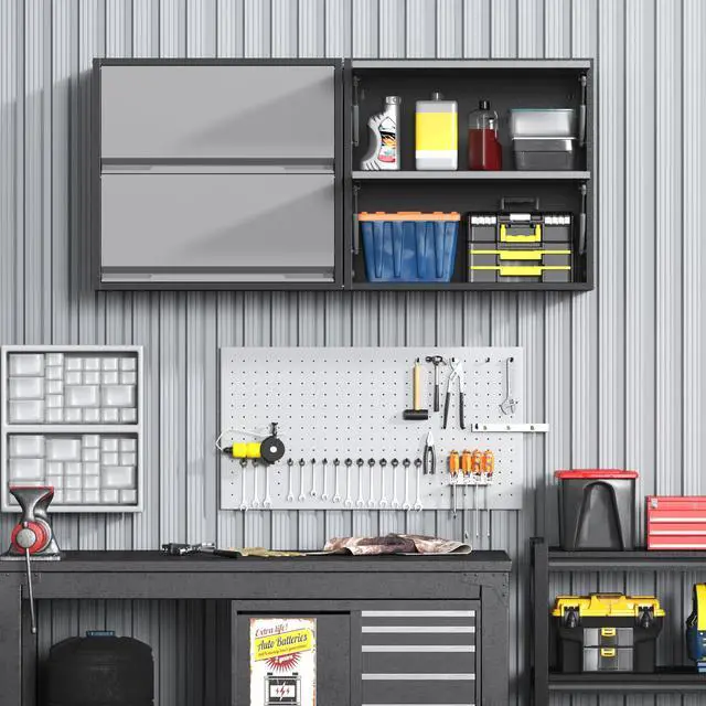 Alt view image 2 of 7 - 2 Door Garage Wall Cabinet with Up-Flip Door, 25.6" H Metal Wall Cabinet Wall Mounted Metal Storage Cabinet for Garage,Basement,Ware House Assembly Required