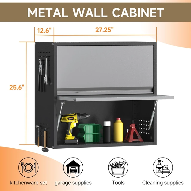 Alt view image 3 of 7 - 2 Door Garage Wall Cabinet with Up-Flip Door, 25.6" H Metal Wall Cabinet Wall Mounted Metal Storage Cabinet for Garage,Basement,Ware House Assembly Required