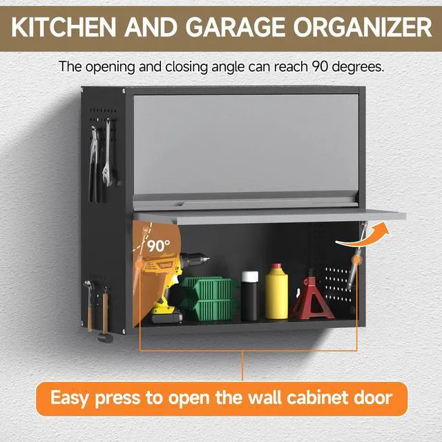 Alt view image 5 of 7 - 2 Door Garage Wall Cabinet with Up-Flip Door, 25.6" H Metal Wall Cabinet Wall Mounted Metal Storage Cabinet for Garage,Basement,Ware House Assembly Required