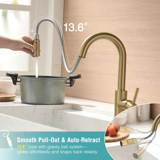 Alt view image 4 of 6 - Bar Sink Faucet Single Hole with Pull Down Sprayer Brushed Gold Hot and Cold Prep Wet Sink Faucet Single Handle
