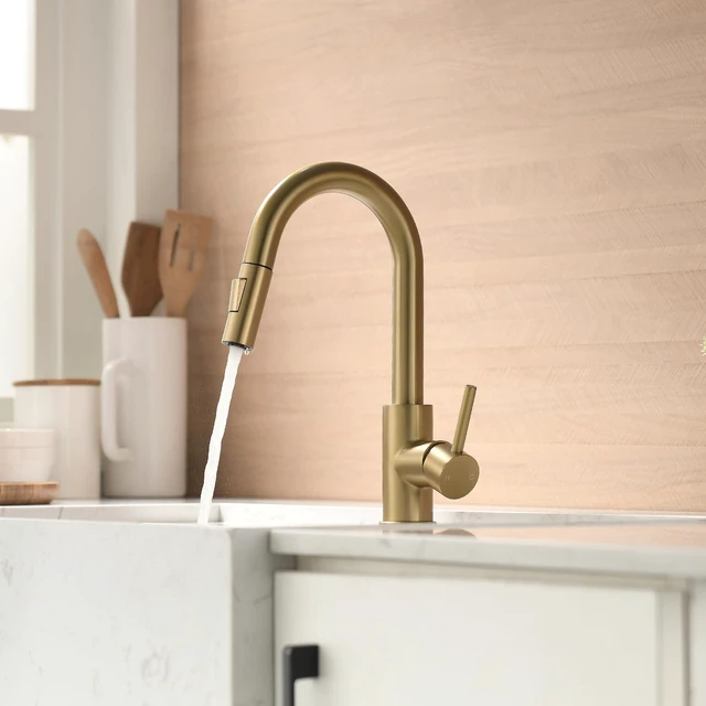 Alt view image 6 of 6 - Bar Sink Faucet Single Hole with Pull Down Sprayer Brushed Gold Hot and Cold Prep Wet Sink Faucet Single Handle