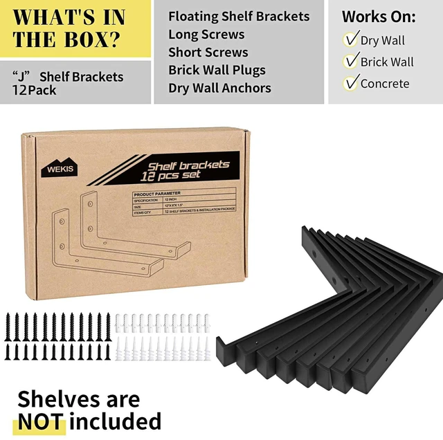 Alt view image 2 of 7 - Shelf Brackets 12 Inch, Strong Heavy Duty Floating Shelf Brackets Pack of 12, Industrial Metal Iron Matte Black Shelving Brackets 1/5 Inch Thick Brackets for Shelves 12 PCS