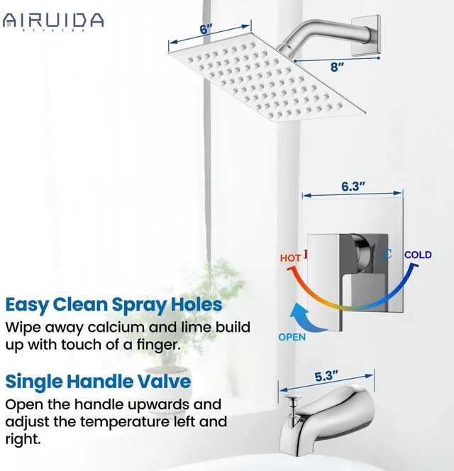 Alt view image 3 of 7 - 6 Inch Shower Faucet Set,Bathtub Faucet Kit,Chrome Polish Shower Tub Faucet Set,Male Threads Rough-In Valve,Square Head Shower System