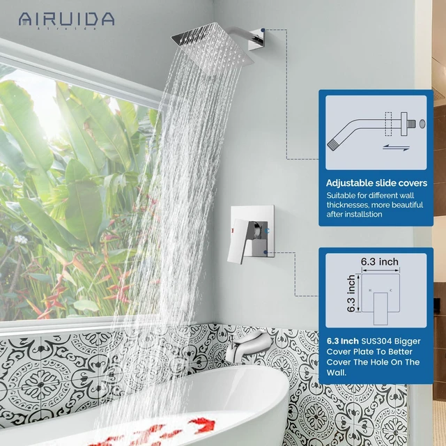 Alt view image 4 of 7 - 6 Inch Shower Faucet Set,Bathtub Faucet Kit,Chrome Polish Shower Tub Faucet Set,Male Threads Rough-In Valve,Square Head Shower System
