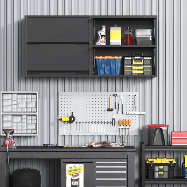 Alt view image 2 of 7 - 2 Door Garage Wall Cabinet with Up-Flip Door, 25.6" H Metal Wall Cabinet Wall Mounted Metal Storage Cabinet for Garage,Basement,Ware House Assembly Required