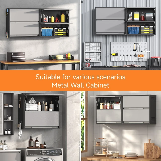 Alt view image 7 of 7 - 2 Door Garage Wall Cabinet with Up-Flip Door, 25.6" H Metal Wall Cabinet Wall Mounted Metal Storage Cabinet for Garage,Basement,Ware House Assembly Required