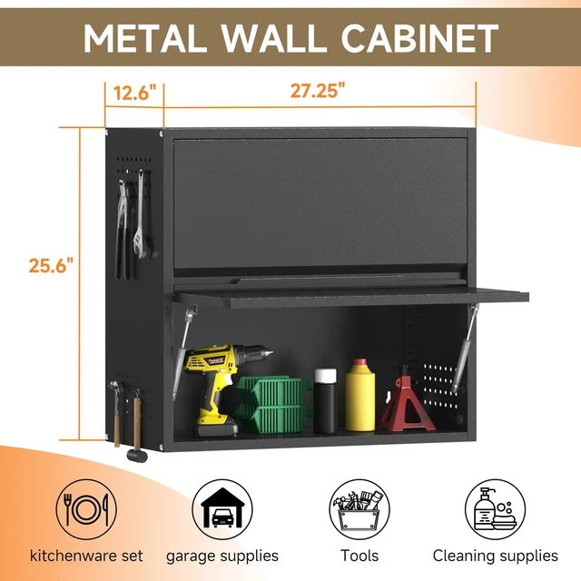Alt view image 3 of 7 - 2 Door Garage Wall Cabinet with Up-Flip Door, 25.6" H Metal Wall Cabinet Wall Mounted Metal Storage Cabinet for Garage,Basement,Ware House Assembly Required
