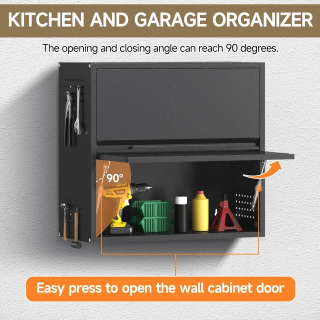 Alt view image 6 of 7 - 2 Door Garage Wall Cabinet with Up-Flip Door, 25.6" H Metal Wall Cabinet Wall Mounted Metal Storage Cabinet for Garage,Basement,Ware House Assembly Required
