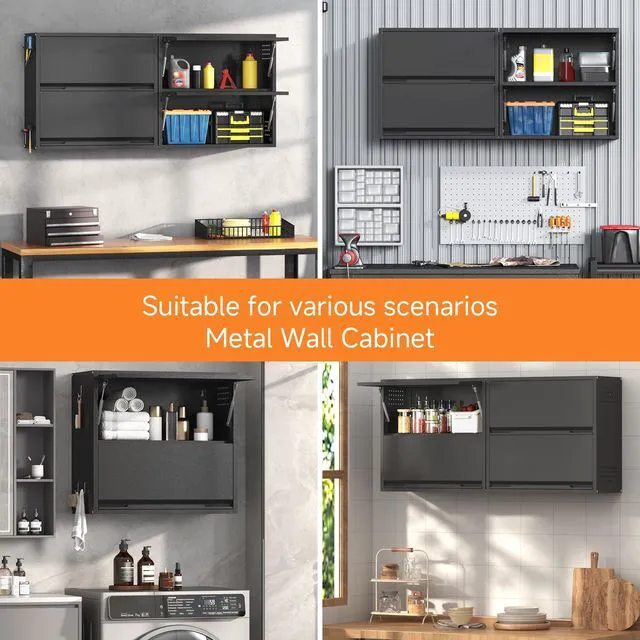 Alt view image 7 of 7 - 2 Door Garage Wall Cabinet with Up-Flip Door, 25.6" H Metal Wall Cabinet Wall Mounted Metal Storage Cabinet for Garage,Basement,Ware House Assembly Required