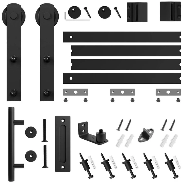 Alt view image 2 of 6 - 5.5 FT Heavy Duty Sturdy Sliding Barn Door Hardware Kit,Black (Whole Set Includes 1x Pull Handle Set & 1x Floor Guide) Fit 30"-33" Wide Door Panel (I Shape Hanger)