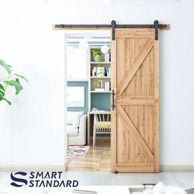 Alt view image 5 of 6 - 5.5 FT Heavy Duty Sturdy Sliding Barn Door Hardware Kit,Black (Whole Set Includes 1x Pull Handle Set & 1x Floor Guide) Fit 30"-33" Wide Door Panel (I Shape Hanger)