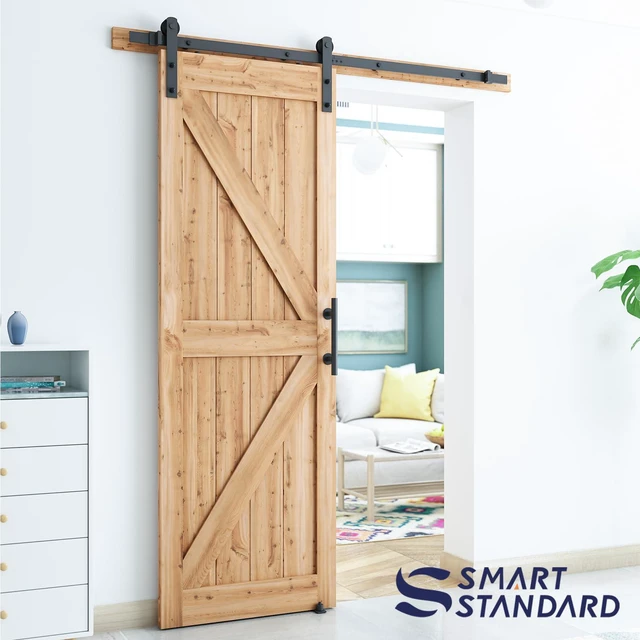 Alt view image 6 of 6 - 5.5 FT Heavy Duty Sturdy Sliding Barn Door Hardware Kit,Black (Whole Set Includes 1x Pull Handle Set & 1x Floor Guide) Fit 30"-33" Wide Door Panel (I Shape Hanger)