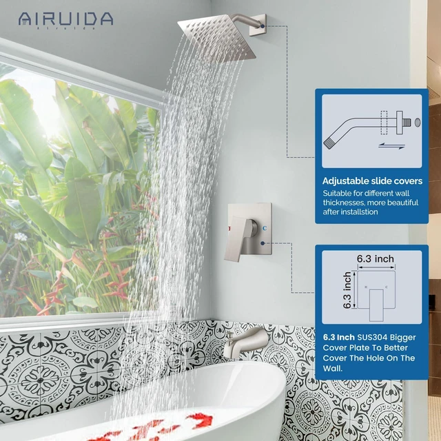 Alt view image 3 of 7 - 6 Inch Shower Faucet Set,Bathtub Faucet Kit,Brushed Nickel Shower Tub Faucet Set,Male Threads Rough-In Valve,Square Head Shower System