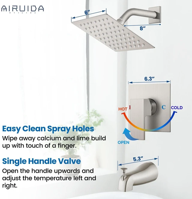 Alt view image 4 of 7 - 6 Inch Shower Faucet Set,Bathtub Faucet Kit,Brushed Nickel Shower Tub Faucet Set,Male Threads Rough-In Valve,Square Head Shower System