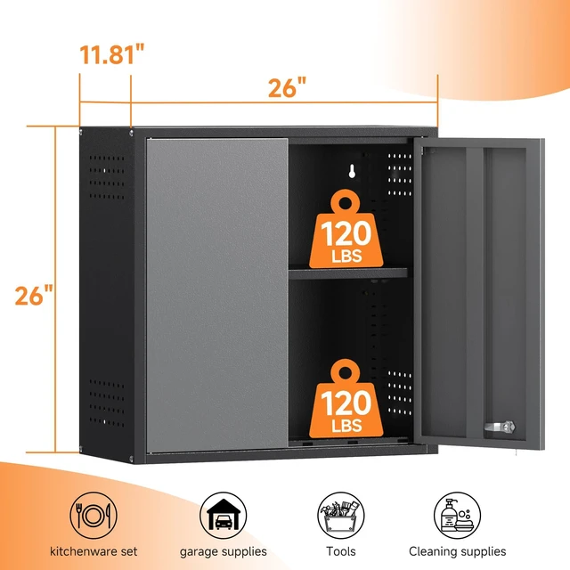 Alt view image 3 of 7 - 26" H Garage Wall Cabinet with Lockable Doors and Adjustable Shelf Metal Wall Cabinet for Garage Assembly Required (26" H Black)