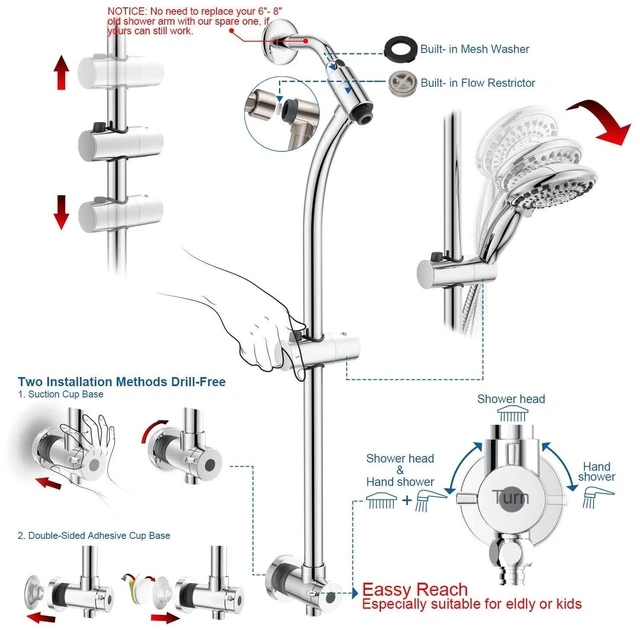 Alt view image 2 of 6 - Handheld Showerhead & Rain Shower Combo for Easy Reach, 27.5" Drill-free Stainless Steel Slide Bar, 5of 5-setting Handheld Shower and Showerhead, with 5ft Hose - Polished Chrome